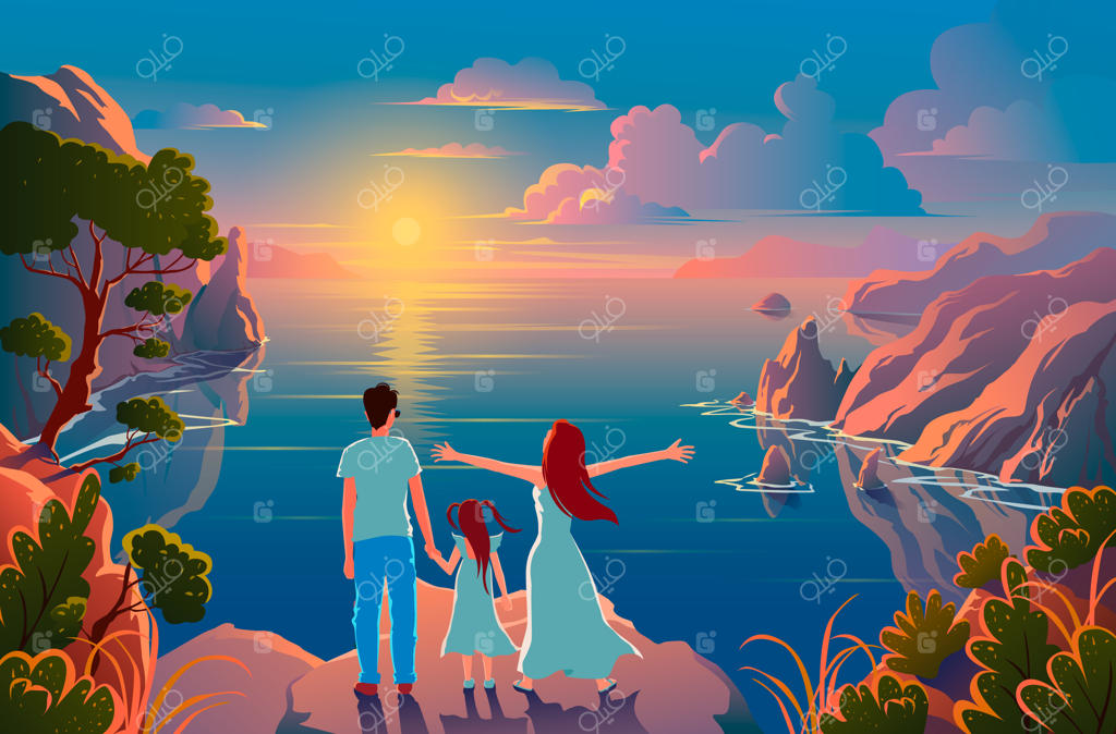 خانواده در لبه صخره ایستاده و از غروب زیبای خورشید و مناظر طبیعی لذت می‌برند