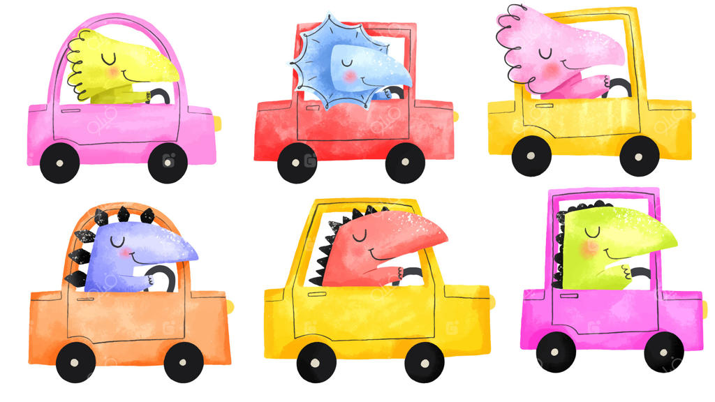 دایناسورهای کارتونی سوار بر ماشین؛ تصویرسازی دستی و کودکانه با پس‌زمینه ایزوله، مناسب برای استیکر و دکور اتاق کودک