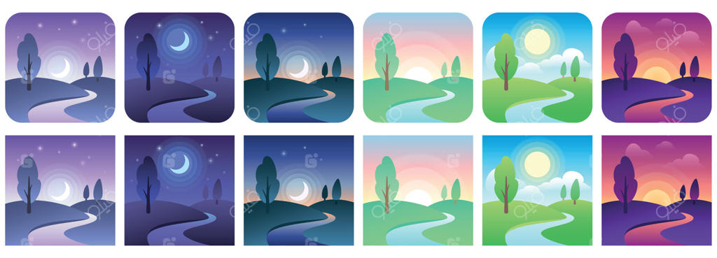 نمادهای زمانی منظره: مجموعه آیکون‌های دایره و مربع روز و آسمان