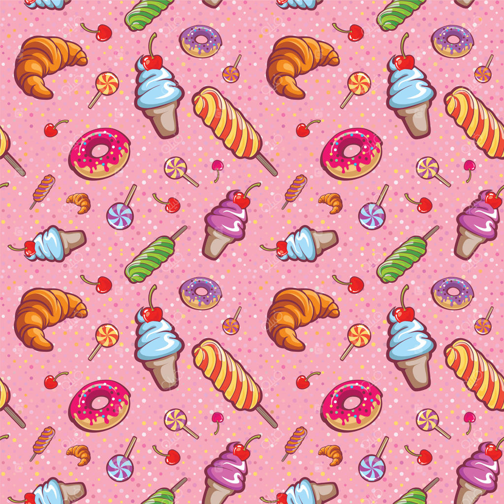 الگوی دخترانه یکپارچه با بستنی، کروسان، آب‌نبات چوبی، دونات و گیلاس‌ها