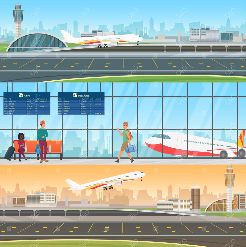 الگوهای بنر افقی فرودگاه: ورودی و خروجی. سالن انتظار ترمینال با مسافران. مفهوم سفر با پرواز و فرود هواپیما