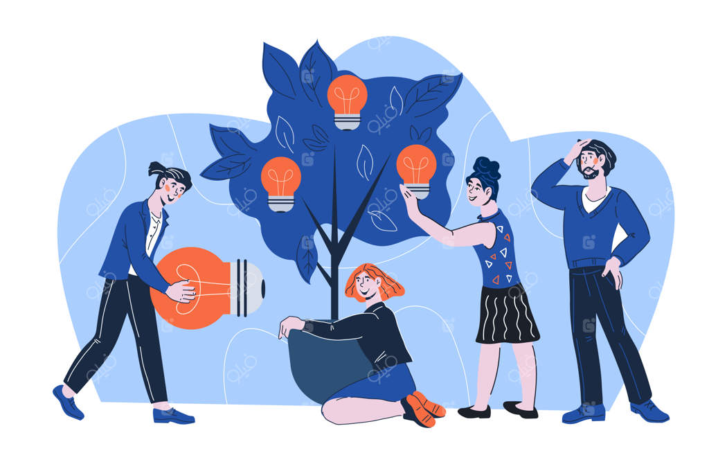 ایده خلاقانه کسب و کار: تیمی از افراد که درخت ایده‌ها را می‌پرورانند و نوآوری می‌کنند