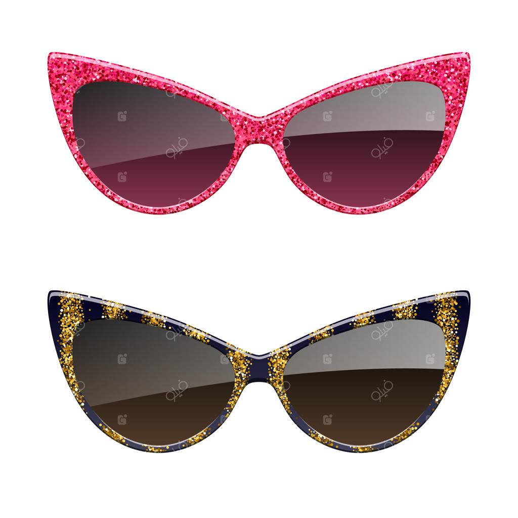 مجموعه‌ای از آیکون‌های عینک آفتابی با زرق و برق طلایی و قرمز. لوازم جانبی عینک مد.