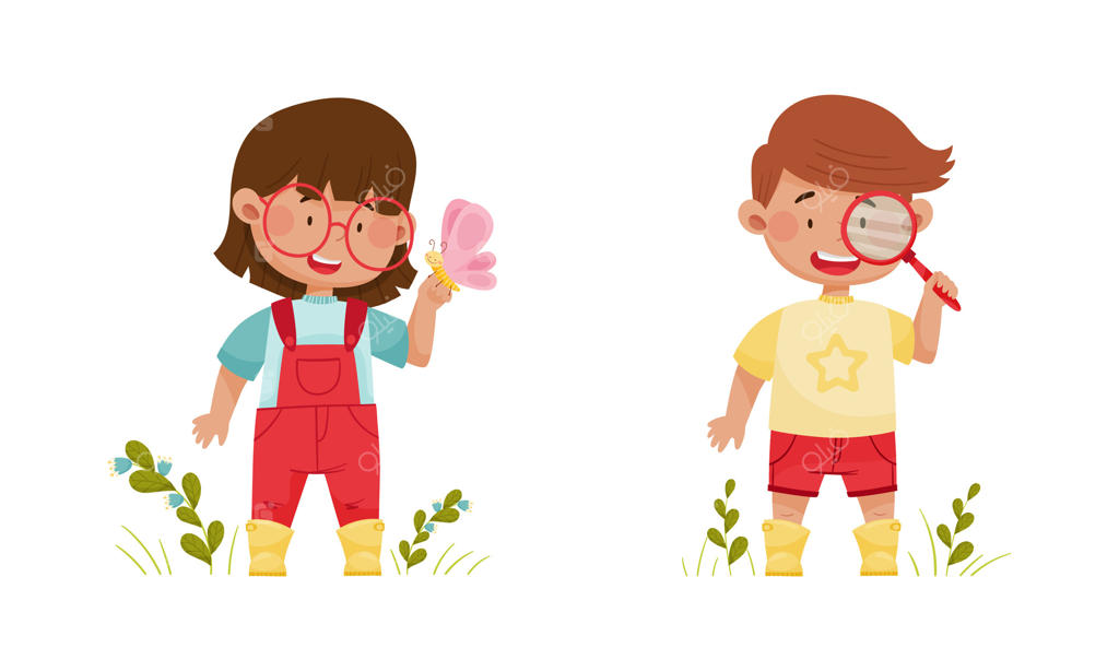 تصویر کارتونی از بچه‌های بامزه در حال کشف حشرات در جنگل یا پارک