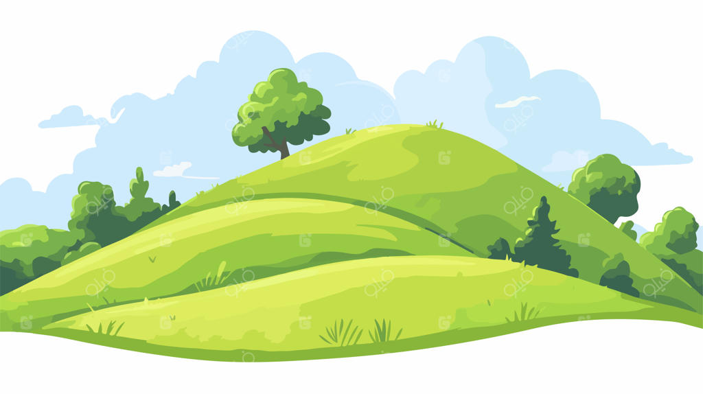 تپه چمنی سرسبز و آرام با درختان زیر آسمان آبی صاف