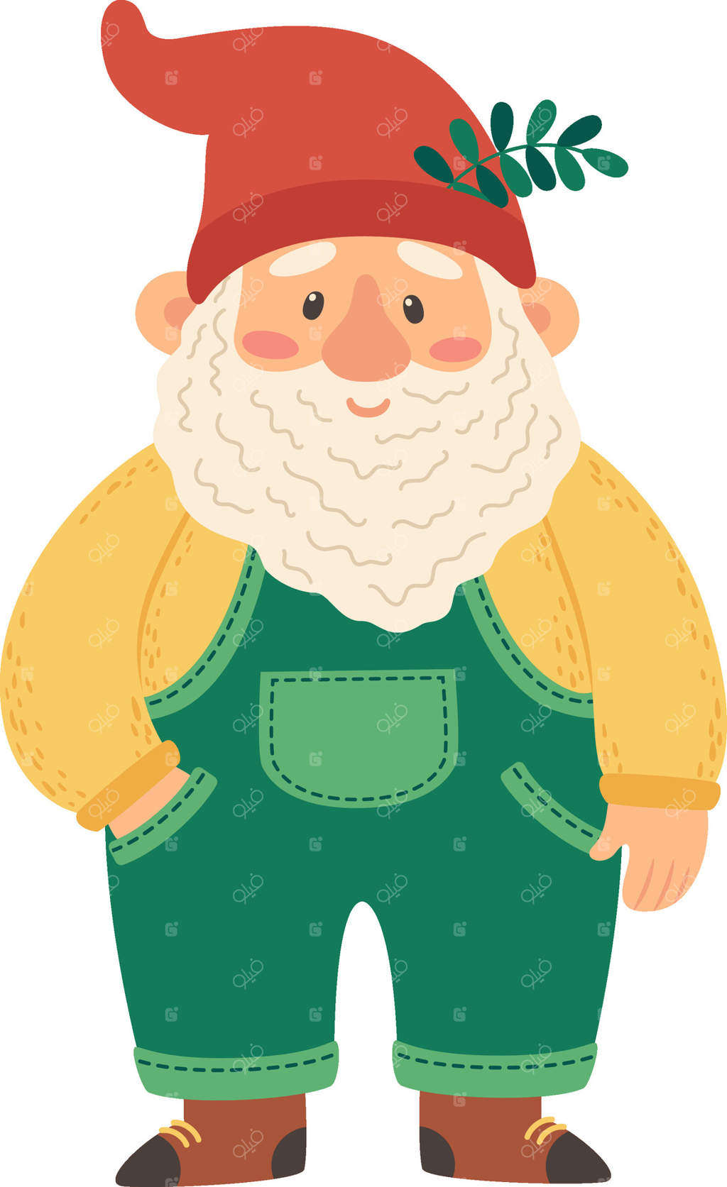 کوتوله‌باغ شاد با ریش بلند سفید، لباس سبز، پیراهن زرد و کلاه قرمز نوک تیز، دست در جیب و لبخند بر لب