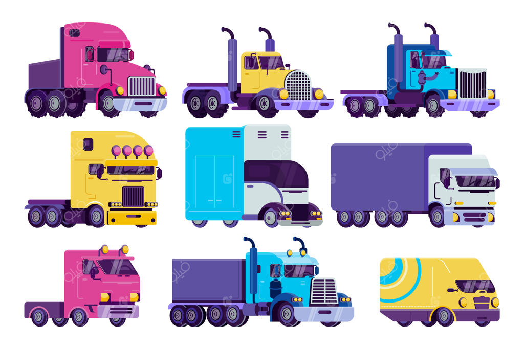 مجموعه‌ای از طرح‌های کارتونی کامیونت، کامیون نیمه‌سنگین، ون و خودروهای باربری برای آیکون‌های تحویل، روی پس‌زمینه سفید