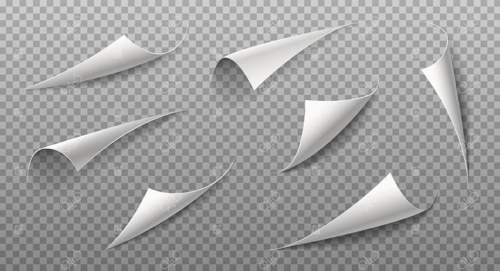 تصویر سه‌بعدی واقع‌گرایانه وکتور: گوشه‌های کاغذی پیچ‌خورده با سایه در پس‌زمینه