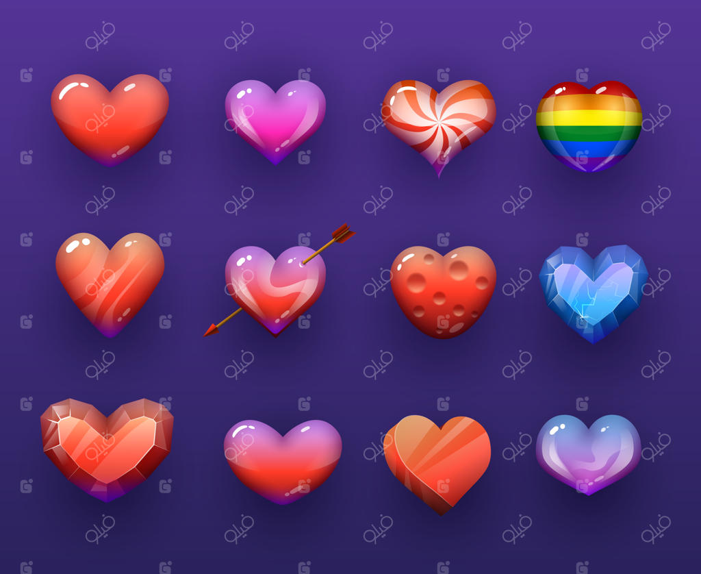 مجموعه آیکون‌های وکتور قلب‌های کارتونی جدا شده.