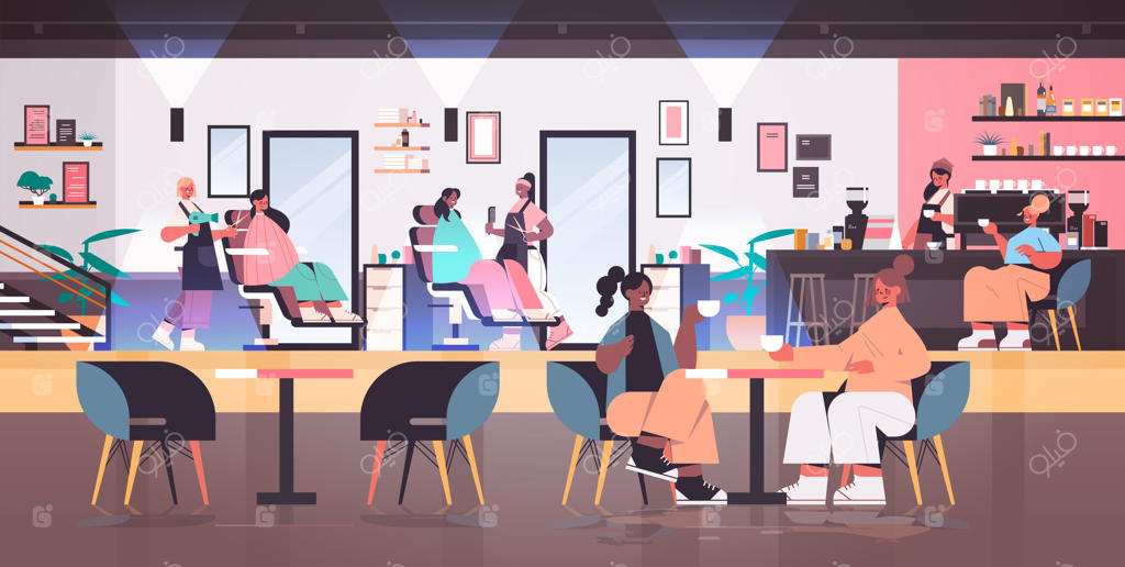 آرایشگران مو در حال مدل‌دادن به مشتریان دورگه در سالن زیبایی مدرن - تصویر وکتور کامل