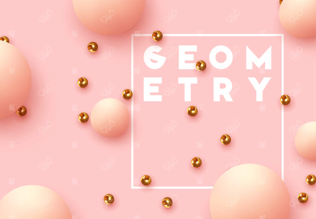 توپ‌های واقعی، پس‌زمینه‌ی انتزاعی با عناصر سه‌بعدی. پترن اشیاء هندسی دایره‌ای. توپ‌های گرد به رنگ صورتی ملایم و مهره‌های فلزی طلایی. تصویر برداری.