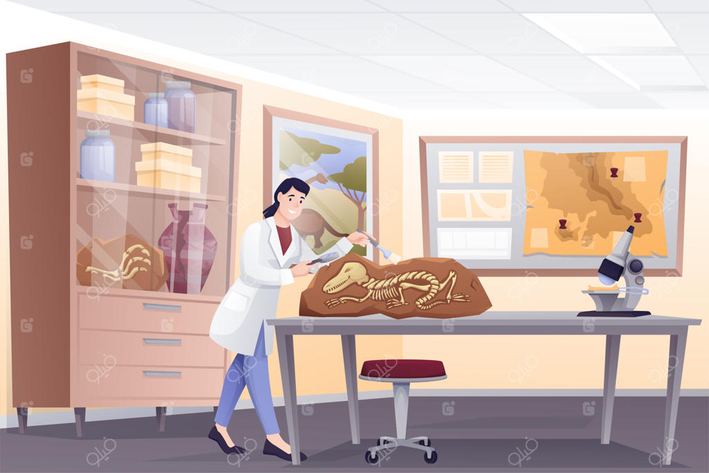 پالئونتولوژیست در حال تحقیق روی فسیل‌ها در آزمایشگاه، زنی جوان در حال بررسی استخوان‌های دایناسور منقرض شده در آزمایشگاه