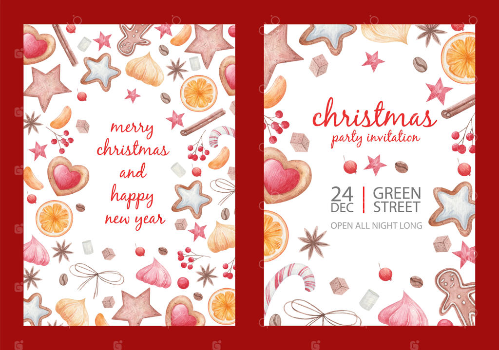 پوستر مجموعه کریسمس: ادویه‌ها و خوراکی‌های کریسمسی، آبنبات، فنجان قهوه، برش‌های مرکبات، کلوچه‌ها، بادیان ستاره‌ای، تصویرسازی آبرنگی بر روی پس‌زمینه سفید