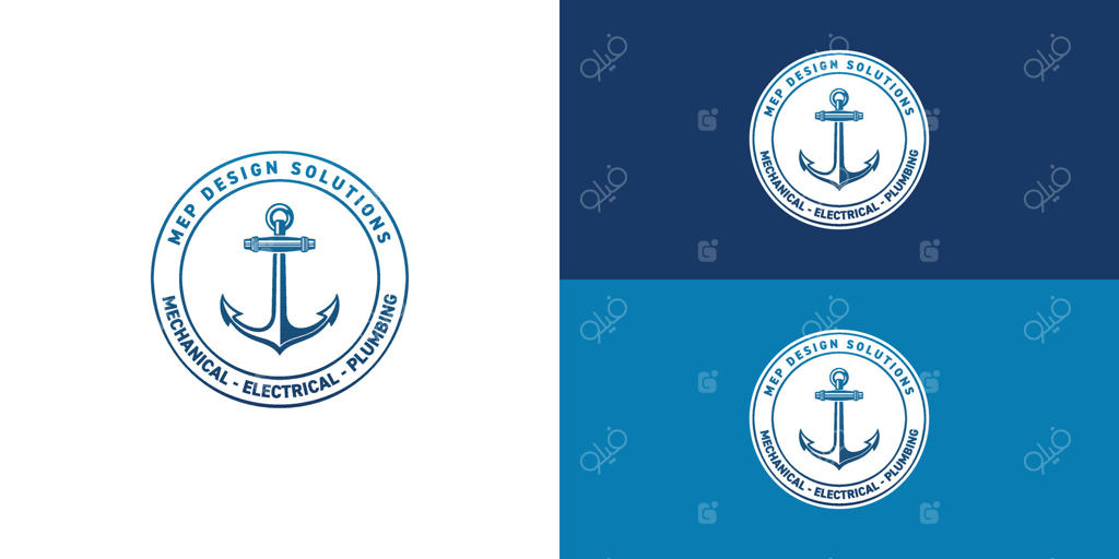 لوگوی شیک و کلاسیک برای شرکت طراحی مهندسی مکانیک، برق و لوله‌کشی با تصویر استایل‌دار لنگر در یک قاب دایره‌ای به همراه نام شرکت.