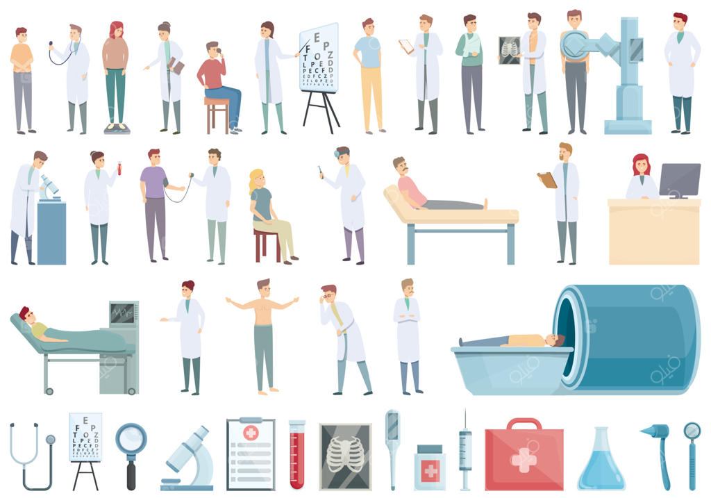 مجموعه آیکون وکتور کارتونی معاینه پزشکی و چکاپ سلامت