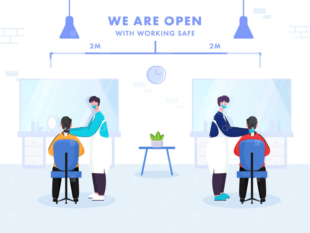 طراحی پوستر: آرایشگاه مردانه - رعایت فاصله ۲ متری هنگام اصلاح مو برای پیشگیری از کرونا. ما باز هستیم.