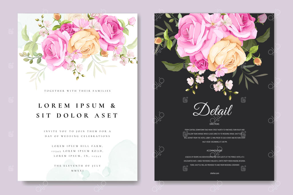 کارت دعوت زیبا با طرح گل‌ها و برگ‌های رنگارنگ