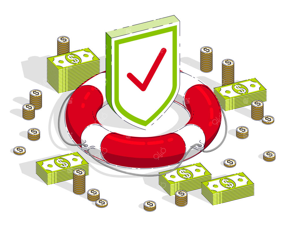 مفهوم حفاظت مالی: نجات‌بخش و سپر به همراه اسکناس‌ و سکه‌های دلار روی زمینه سفید. تصویرسازی سه‌بعدی ایزومتریک کسب‌وکار و امور مالی.