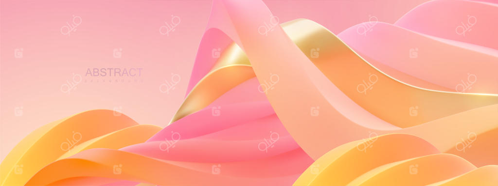 پس‌زمینه صورتی و طلایی انتزاعی با چشم‌انداز منحنی و آینده‌نگر