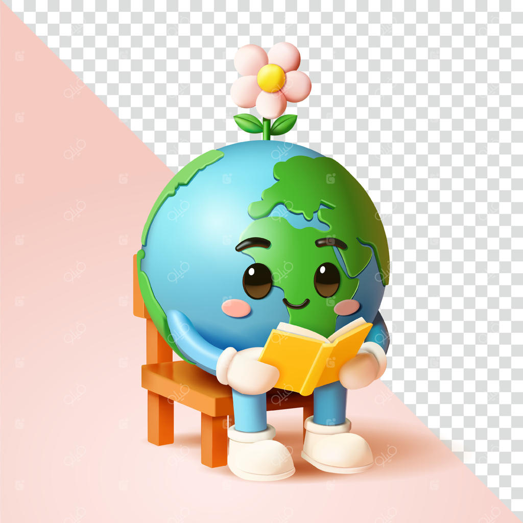 زمین در حال مطالعه کتاب: تصویر سه‌بعدی، مناسب برای عناصر طراحی