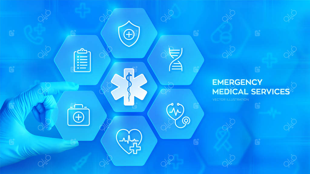 خدمات فوریت‌های پزشکی تماس اضطراری پشتیبانی آنلاین پزشکی دستی با دستکش آبی عنصری را در ترکیب با آیکون‌های پزشکی قرار می‌دهد که خدمات فوریت‌های پزشکی را به تصویر می‌کشد - تصویر برداری
