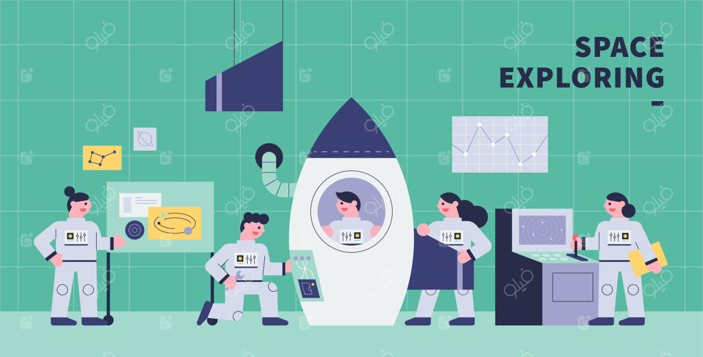 یک فضانورد در حال تعمیر یک سفینه فضایی در آزمایشگاه است.