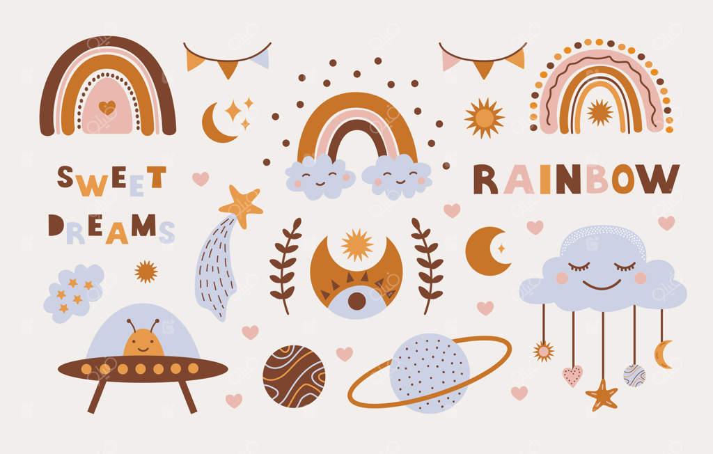 مجموعه رنگارنگ عناصر بوهوی بچگانه بامزه - طراحی و نوشته دستی