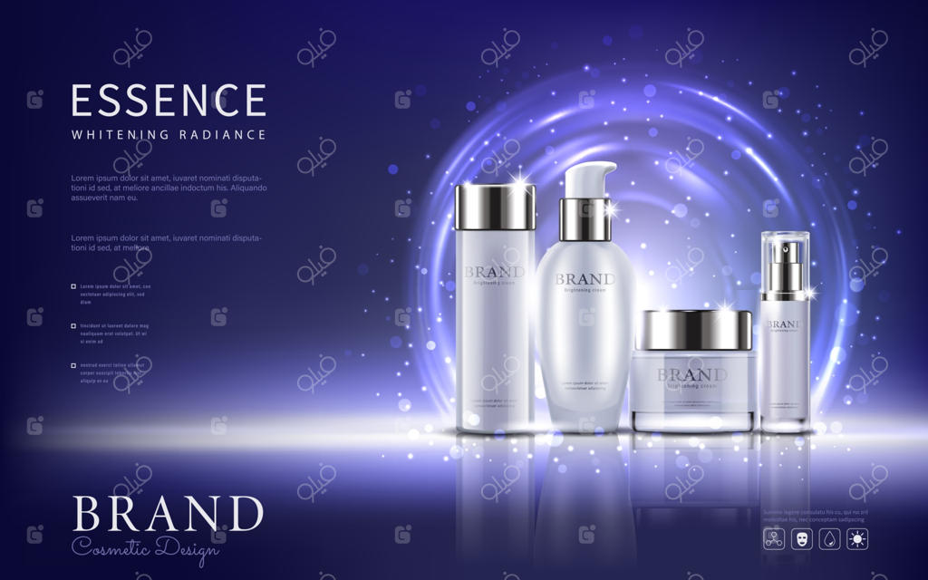 طراحی تبلیغات آرایشی با بسته‌بندی سفید روی پس‌زمینه آبی روشن، تصویر وکتوری.