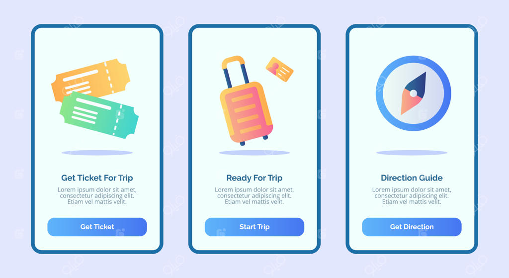 مفهوم سفر با بلیط، چمدان و قطب‌نما برای طراحی بنر اپلیکیشن موبایل: سه سبک مدرن و رنگی به صورت وکتور