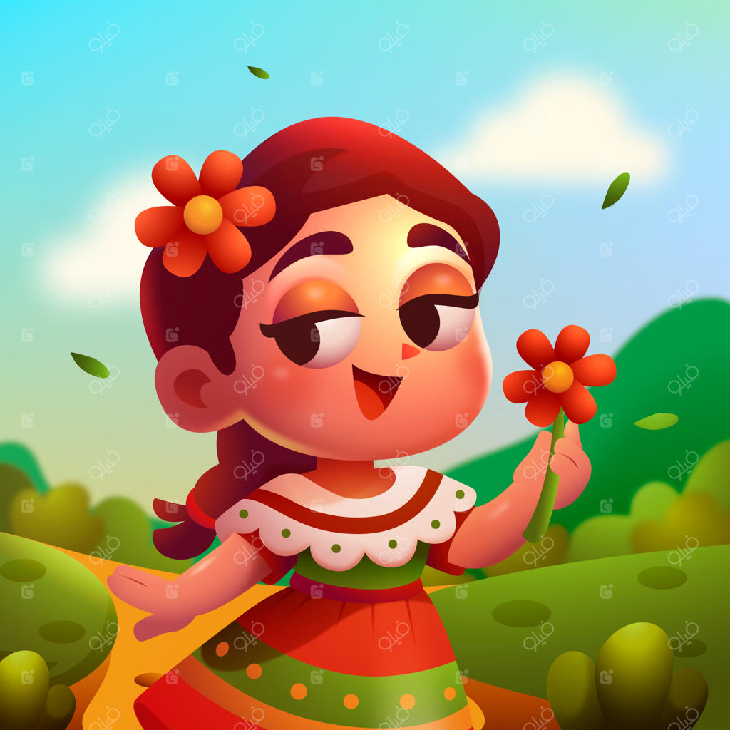 دختر شاد با گل‌ها در دشت