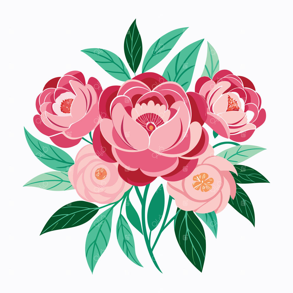 دسته‌ای از گل‌های صورتی با برگ‌