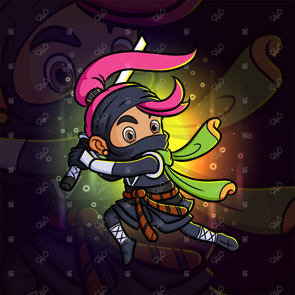 طراحی لوگوی ماسکات ورزش‌های الکترونیکی با دختر نینجا و کاتانا در دست