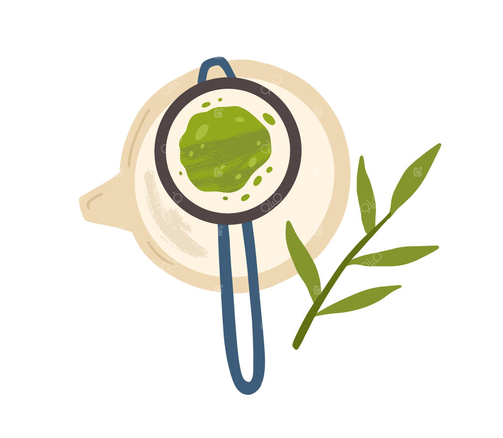 نمای بالا از الک با پودر ماچا روی قوری: تهیه چای سبز ژاپنی. نوشیدنی سالم و ارگانیک از برگ‌های ماچا آسیایی. تصویرسازی رنگارنگ و مسطح بر روی پس‌زمینه سفید.