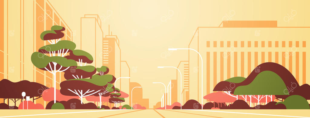 نمای پانورامای شهر مدرن با چراغ‌های خیابانی و آسمان‌خراش‌ها، بدون حضور افراد در خیابان، پس‌زمینه چشم‌انداز شهری گسترده و مدرن به صورت افقی