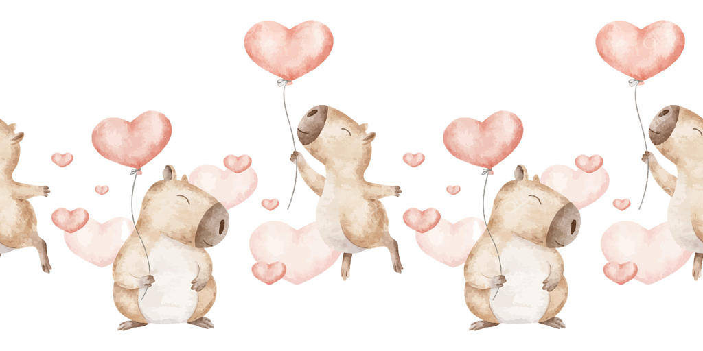 عشق کاپی‌باراها، بالن‌های هوای گرم و قلب‌های قرمز: بنر روز ولنتاین با حضور جوندگان پشمالو. حاشیه پیوسته با دست‌نقاشی شده از خوکچه هندی به مناسبت ۱۴ فوریه برای کارت‌ها و بسته‌بندی محصولات.