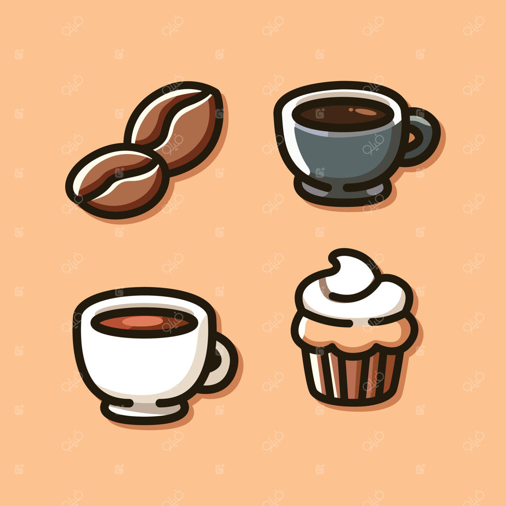 آیکون‌های جذاب قهوه و دسر - دانه‌های قهوه، فنجان و کیک فنجانی