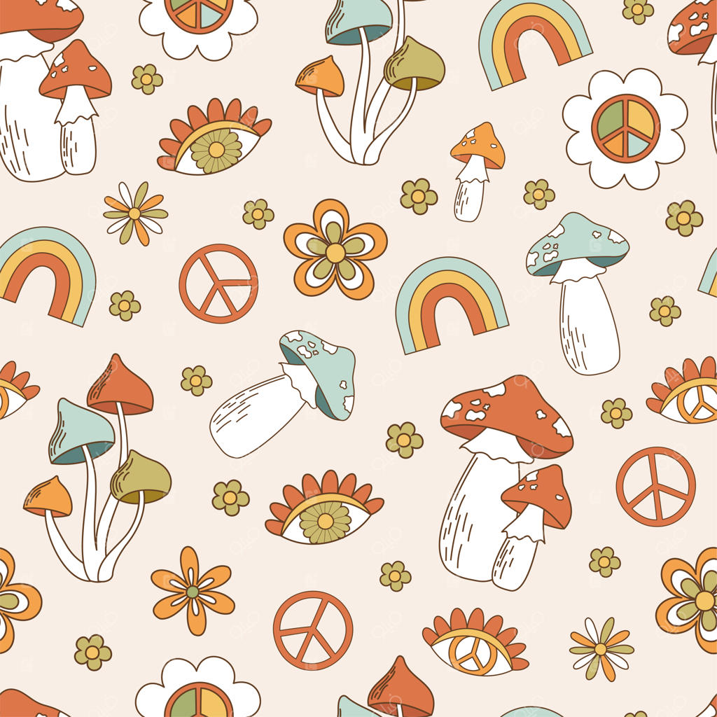 الگوی یکپارچه عناصر موج‌دار هیپی دهه ۷۰ با زمینه رنگارنگ از قارچ‌ها، گل‌ها و رنگین‌کمان‌ها در سبک وینتیج با نمادهای مثبت برای والپیپر و پارچه‌های برداری وکتور