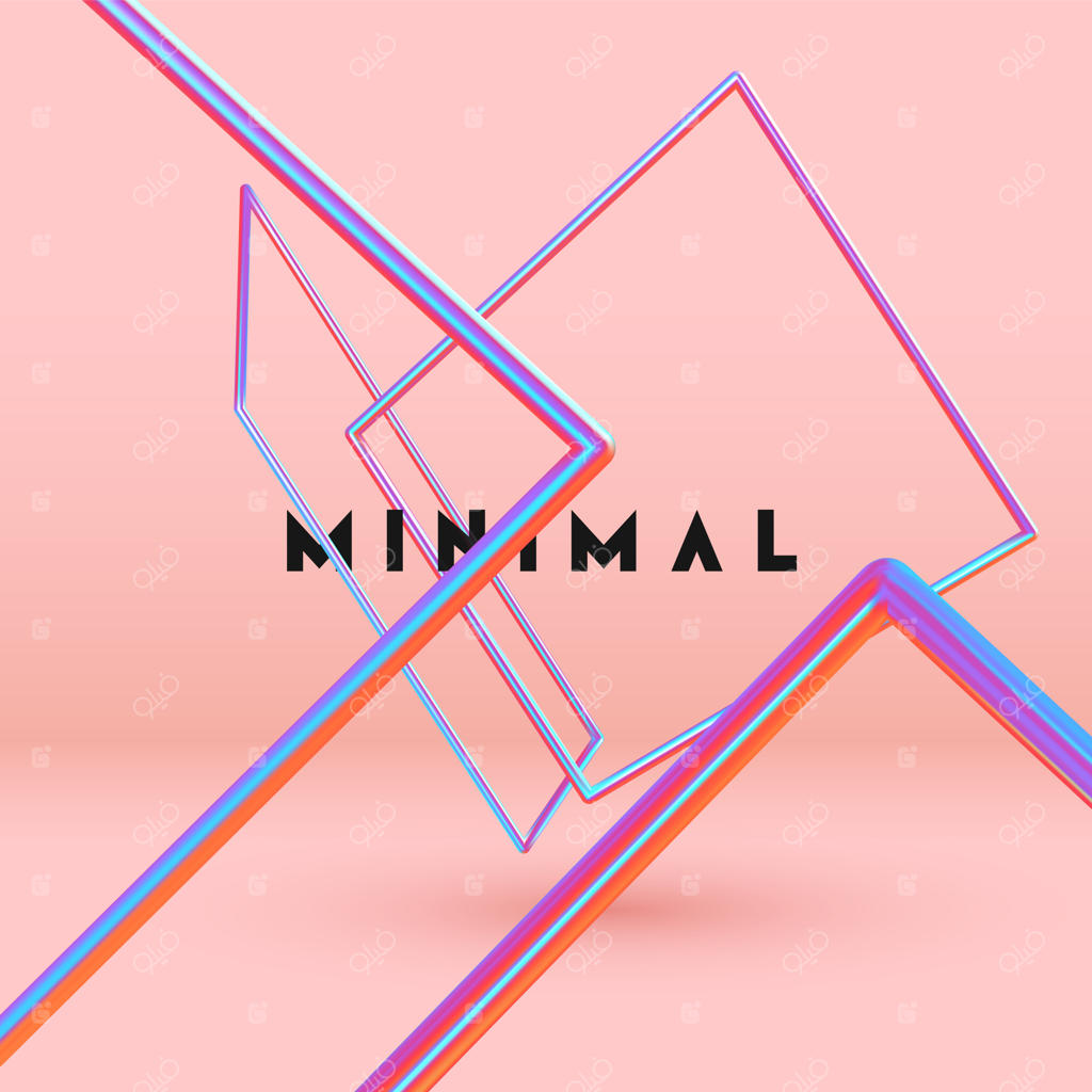 پس‌زمینه مینیمالیستی انتزاعی با عناصر گرادیان رنگ آبی و صورتی و قاب معلق در فضا. پوستری با اشکال هندسی حجمی سه‌بعدی و واقعی. تصویرسازی وکتور