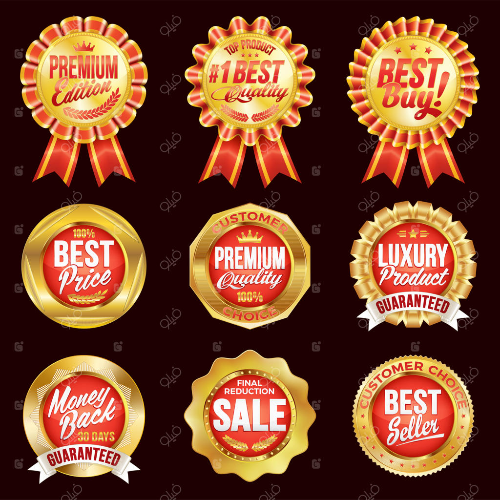 مجموعه‌ای از نشان‌های قرمز با کیفیت عالی و حاشیه طلایی.