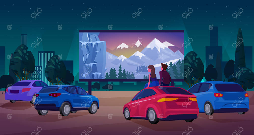 شخصیت‌های راننده زوج در حال تماشای فیلم روی پرده‌ی بزرگ سینمای روباز