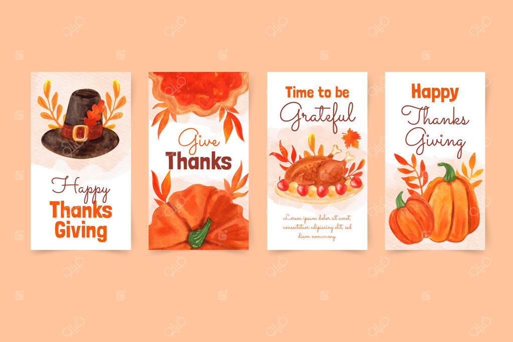 مجموعه استوری های اینستاگرام با طرح آبرنگ برای روز شکرگزاری