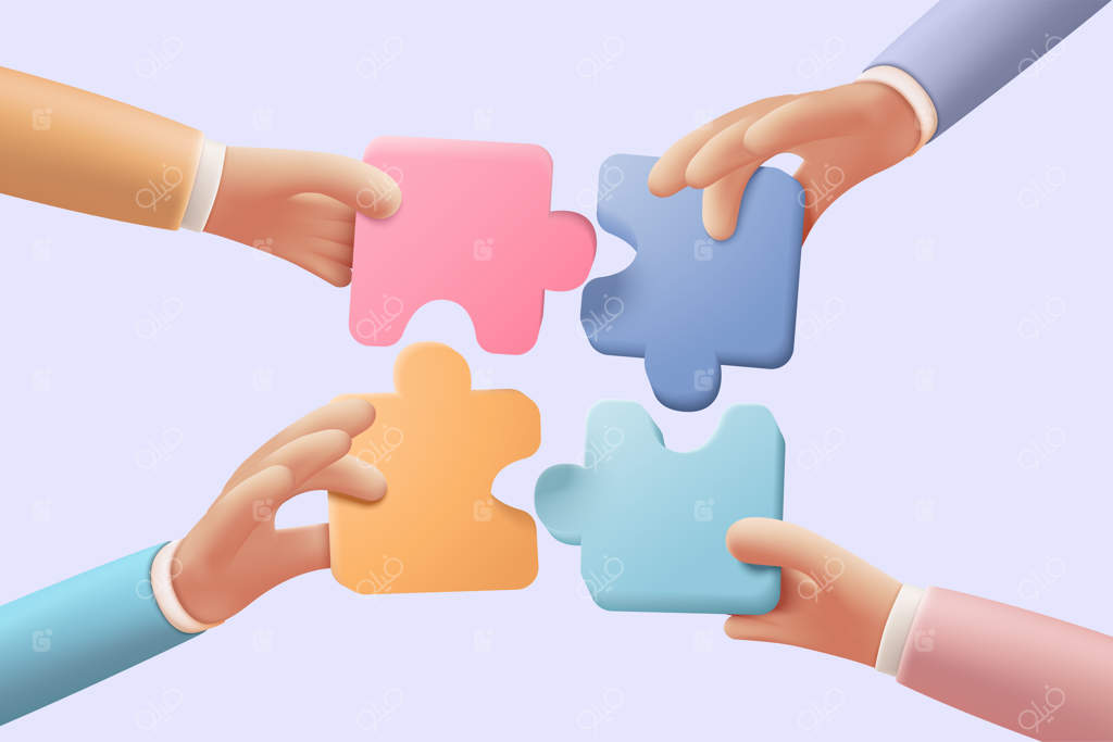 قطعات پازل سه‌بعدی: نماد همکاری و حل مسئله؛ چالش‌های تجاری در دستان افراد؛ مفهوم مشارکت و ارتباط با پازل؛ ایده تیم‌ورک سه‌بعدی، آیکون وکتور و رندر ایلوستریشن