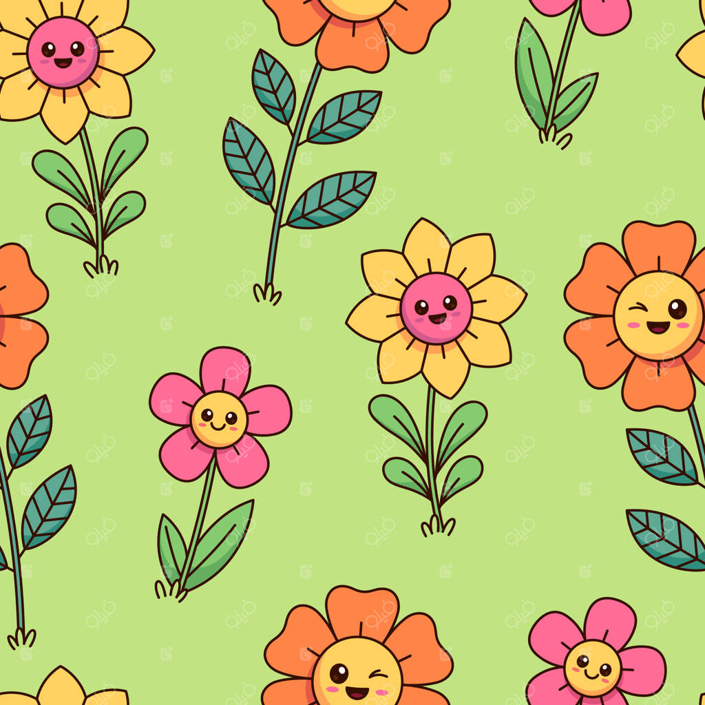 طرح یکپارچه گل‌های کیوایی بامزه و شاداب برای چمنزار و باغچه - طرح کارتونی و ساده‌ی گل‌ها برای کودکان.