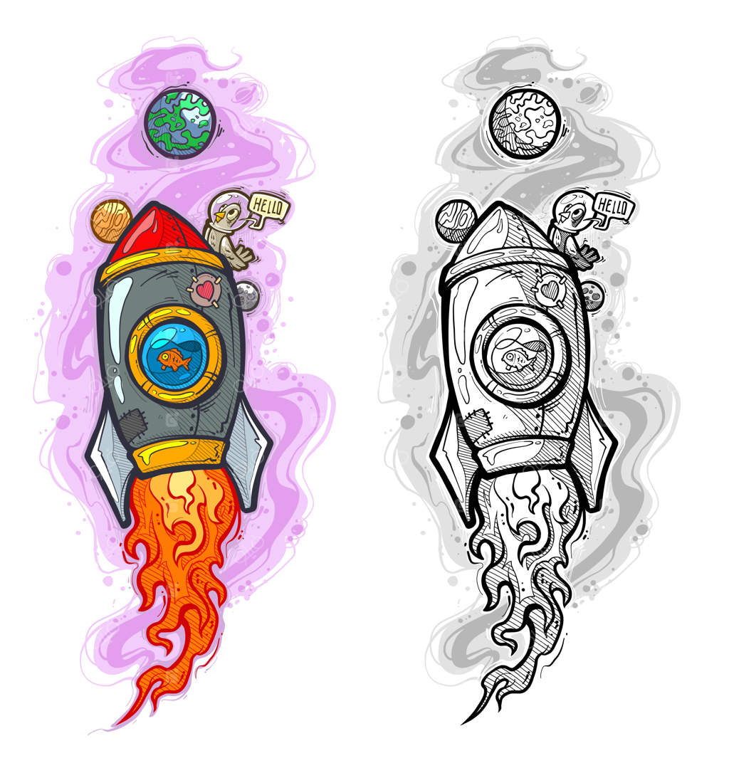 موشک فضایی کارتونی در حال پرواز با ماهی و کبوتر