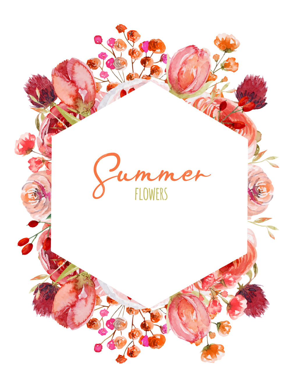 قاب چندضلعی با گل‌های رز صورتی و قرمز آبرنگی و دیگر گل‌ها