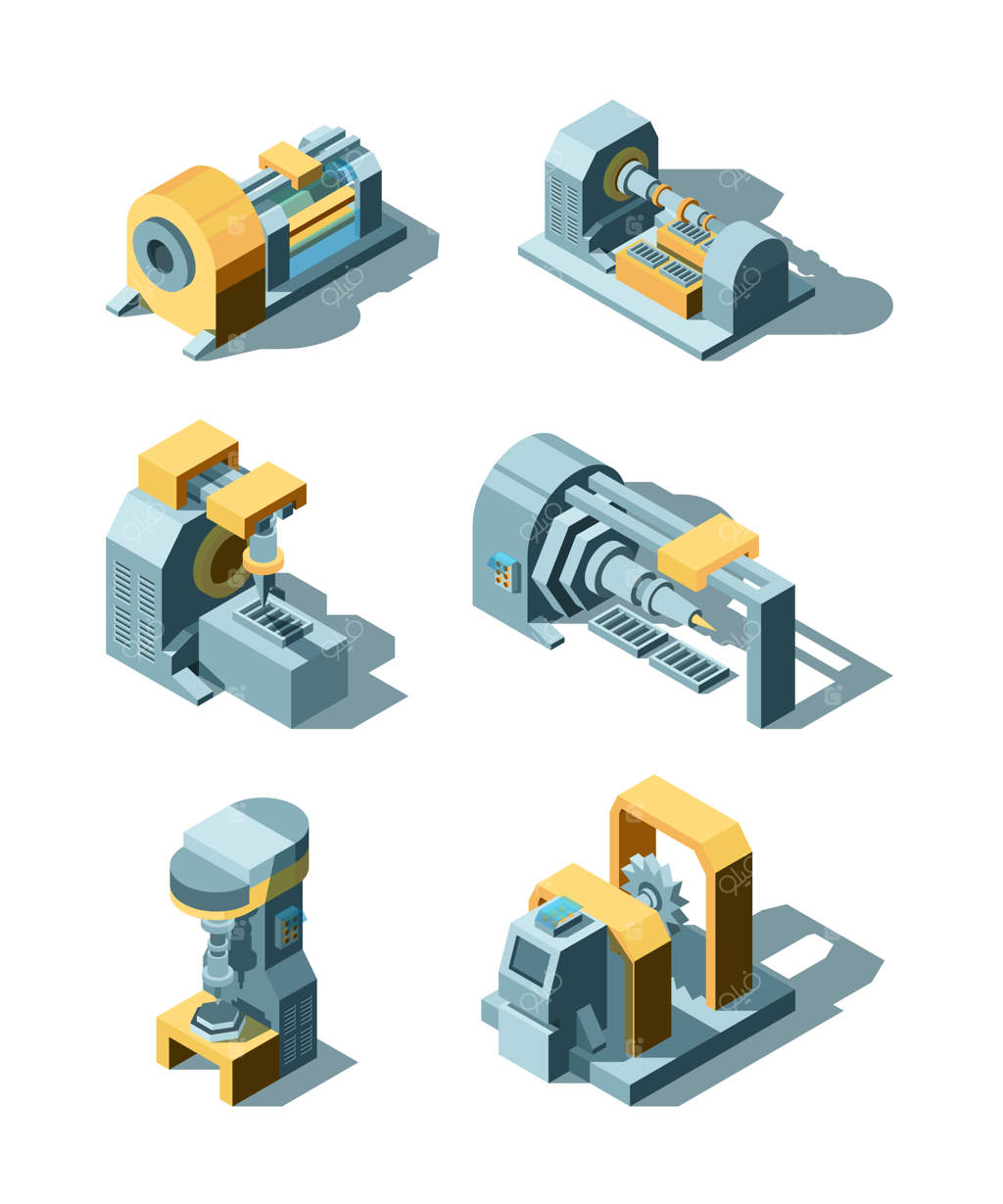 صنعت سنگین: کارخانه تولید فلزات و مهندسی ماشین‌آلات با تجهیزات جرثقیل - نمای ایزومتریک