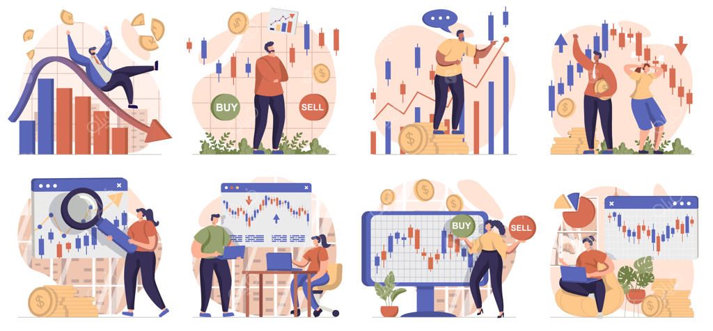 مجموعه‌ای از صحنه‌های بازار سهام: افرادی که سرگرم تجارت، سرمایه‌گذاری و خرید هستند