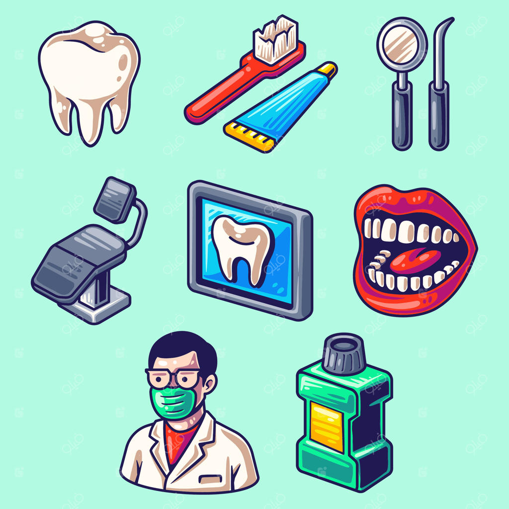 وکتور حرفه‌ای ابزارهای ضروری دندانپزشکی و سلامت دهان