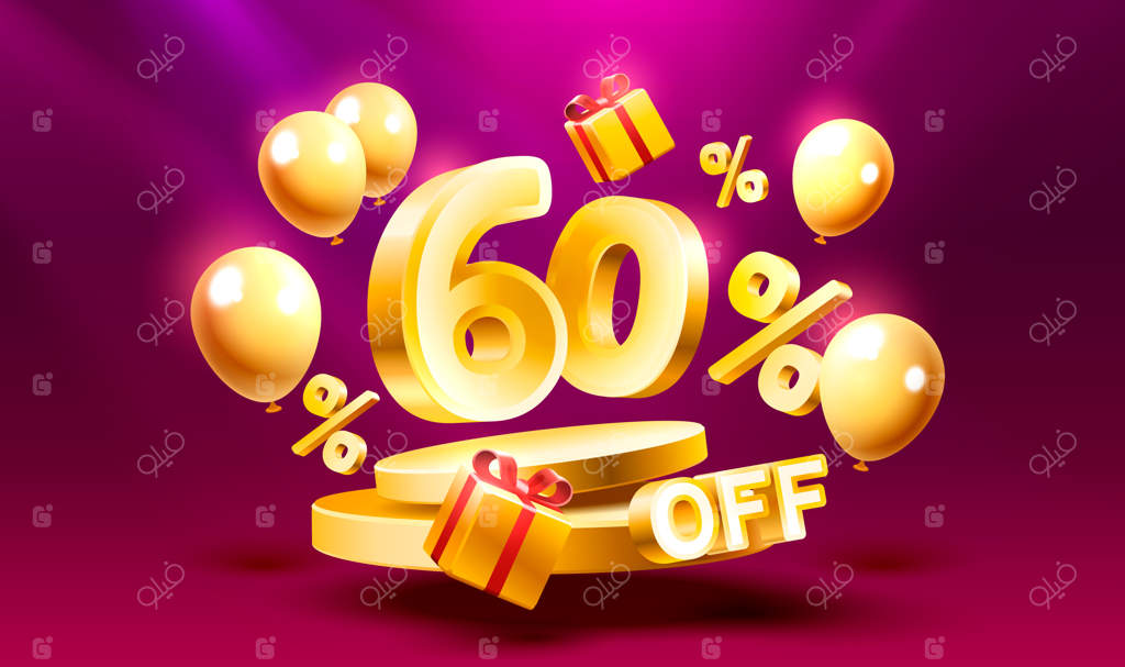 تخفیف ۶۰ درصدی: طراحی خلاقانه نماد فروش سه‌بعدی با اشیاء تزئینی، کاغذ رنگی طلایی، سکوی نمایش و جعبه هدیه - بنر و پوستر فروش برداری