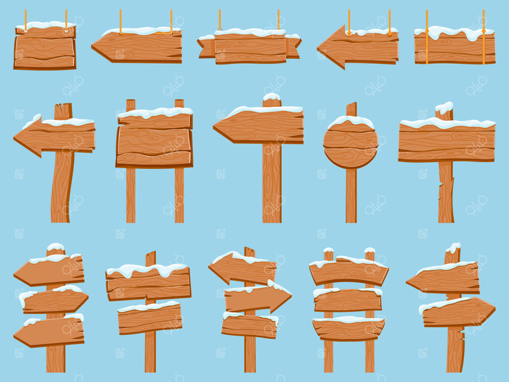 تابلوهای چوبی با برف: بنرها، تابلوهای آویزان و فلش جهت‌دهنده. مجموعه‌ای از تابلوهای کارتونی زمستانی با کلاهک‌های یخی. تابلوهای قدیمی زمستانی و علائم جاده‌ای برفی.
